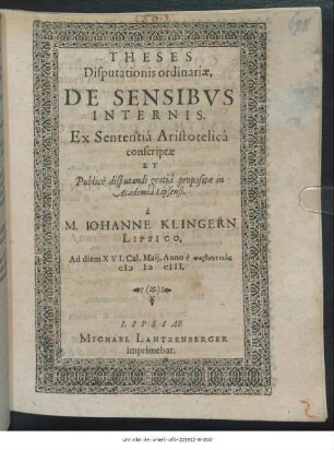 Theses Disputationis ordinariae, De Sensibus Internis : Ex Sententia Aristotelica conscriptae
