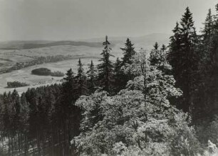Westerzgebirge. Scheibenberggipfelwald. Blick nach Südsüdosten auf das Zschopautal mit Crottendorf gegen Fichtelbergmassiv
