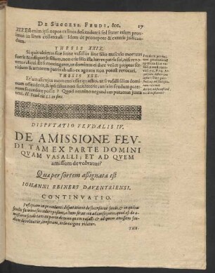 Disputatio Feudalis IV. De Amissione Feudi Tam Ex Parte Domini Quam Vasalli; Et Ad Quem amissum devolvatur?