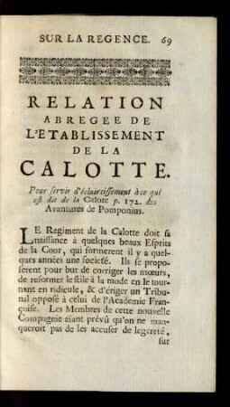 Relation Abregee De L'Etablissement De La Calotte.