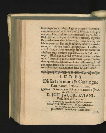 Index Dissertationum & Catalogus Dominorum Respondentium.