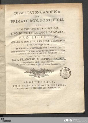 Dissertatio Canonica De Primatu Rom. Pontificis