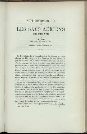 Note Physiologique Sur Les Sacs Aériens Des Oiseaux
