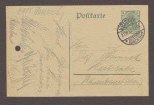 Glückwunschpostkarte mit diversen Unterschriften aus Ettlingen an Hermann Hummel, 1 Postkarte