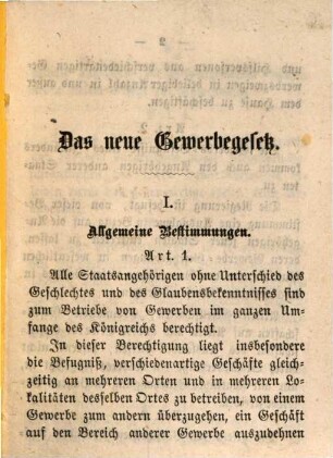Das neue bayerische Gewerbe-Gesetz : (Gesetz das Gewerbswesen betr.) Angenommen von beiden Kammern des Landtages. Mit Register. (Ausgegeben am 28. Jan. 1868.)