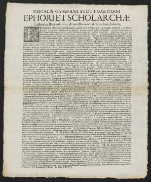 Ducalis Gymnasii Stuttgardiani Ephori Et Scholarchae. Lectoribus Benevolis,atq[ue] Artium Bonarum Amatoribus, Salutem