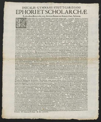 Ducalis Gymnasii Stuttgardiani Ephori Et Scholarchae. Lectoribus Benevolis,atq[ue] Artium Bonarum Amatoribus, Salutem