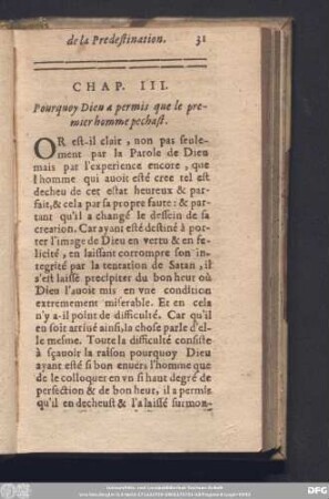 Chap. III. Pourquoy Dieu a permis que le premier homme pechast.
