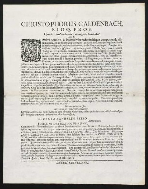 Christophorus Caldenbach, Eloq. Prof. Ejusdem In Academia Tubingensi Studiosis Sal. D.