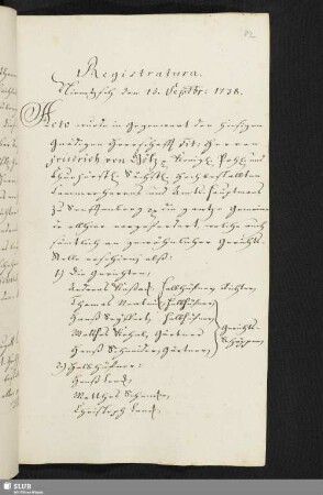 Registratura Niemtzsch den 15. Septbr: 1738.