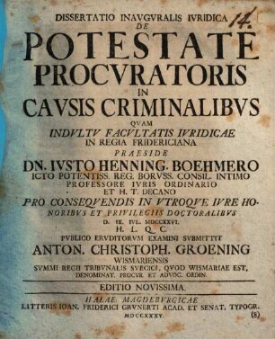 Diss. inaug. iur. de potestate procuratoris in causis criminalibus