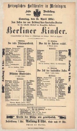 Theaterzettel zur Aufführung desSchwankes "Charley´s Tante. von Brandon Thomas" und der Baudeville-Burleske "Guten Morgen Herr Fischer. von W. Friedrich" in der Spielzeit 1893/94 des Herzoglichen Hoftheaters in Meiningen.
