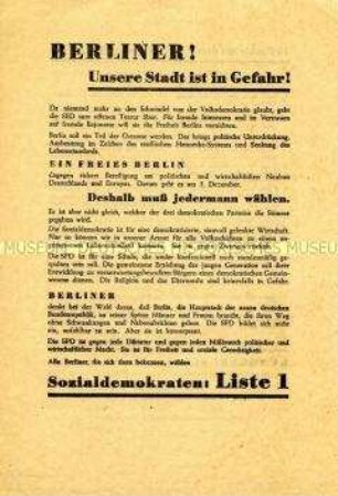 Propagandaflugblatt der SPD der Berliner Westsektoren mit Wahlaufruf zu den Abgeordnetenhauswahlen im Dezember 1947