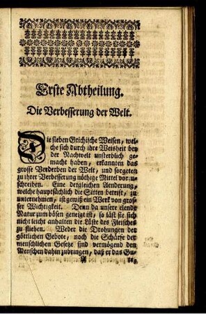 Erste Abtheilung. Die Verbesserung der Welt.