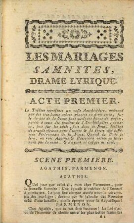 Les Mariages Samnites : Drame Lyrique En Trois Actes, Et En Prose ; Représentée par les Comédiens Italiens Ordinaires du Roi, le Mercredi 12 Juin 1776