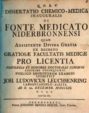 Dissertatio Chemico-Medica Inauguralis De Fonte Medicato Niderbronnensi