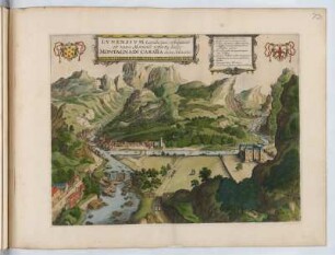 Vogelschaubild von Carrara, Italien, kolorierter Kupferstich, um 1682 : Lunensium Lapidicinae, nobilissimo et vario Marmore refertae, hodie Montagnadi Carara dictae, delineatio / W. Hollar fec.. - [Amsterdam] : [Bÿ d' Erfsgenamen van Joannes Janssonius van Waesberge], [1682]. - 1 Vogelschaubild: Kupferstich. ; 45 x 34 cm (Bild) +++ Mit Gebäudeverz.