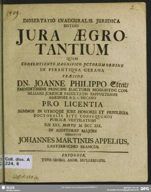 Dissertatio Inauguralis Iuridica Sistens Iura Aegrotantium