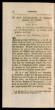 III. Zwey Entlassungsreden an abgehende Zöglinge und Schüler