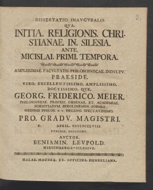 Dissertatio. Inavgvralis. Qva. Initia. Religionis. Christianae. In. Silesia. Ante. Micislai. Primi. Tempora.