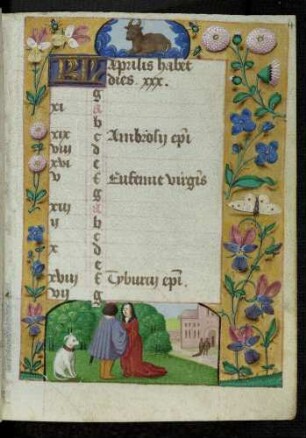 Kalendar: April; Monatsbild: Begegnung eines Paares; Tierkreiszeichen Stier; Trompe l'oeil-Rahmen mit Blütenzweigen und Insekten