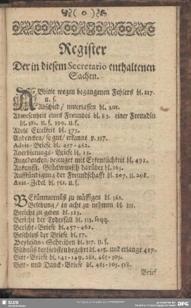 Register Der in diesem Secretario enthaltenen Sachen