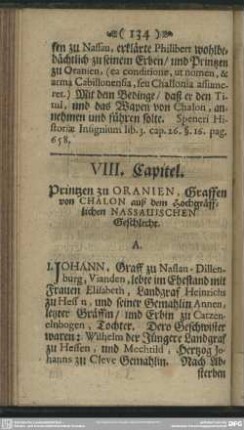 VIII. Capitel. Printzen zu Oranien, Graffen von Chalon auß dem Hochgräfflichen Naussauischen Geschlecht