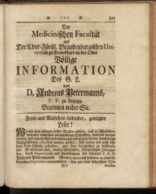 [Völlige Information des G.L. von D. Andreas Petermanns Beginnen.]