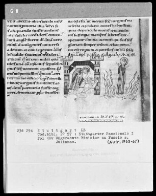 Stuttgarter Passionale — Pars hiemalis (erster Band) — Zwei Szenen aus der Leidensgeschichte der heiligen Juliana, Folio 40verso