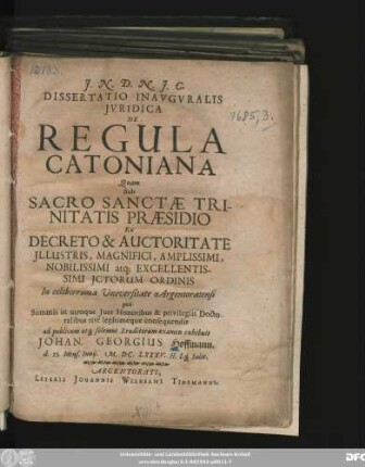 Dissertatio Inauguralis Iuridica De Regula Catoniana