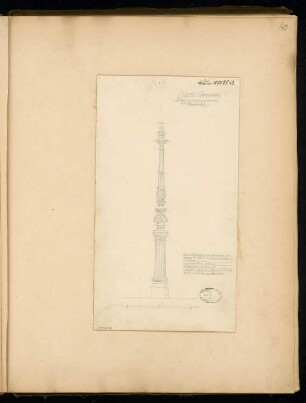 Gusseiserner Kandelaber Monatskonkurrenz Februar 1877: Ansicht; Maßstabsleiste, Erläuterungstext