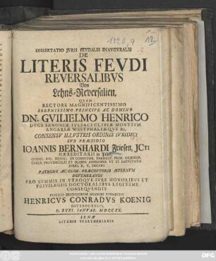 Dissertatio Jvris Fevdalis Inavgvralis : De Literis Fevdi Reversalibvs