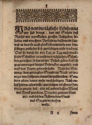 Ein Kurtzes Bedencken Welcher Massen ein Stand des Reichs so mit grossen Außgaben beladen sich derselbigen erledigen auch seine Gefäll und Einkommen verbessern möge