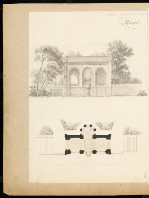 Kirchhofshalle Monatskonkurrenz Mai 1844: Grundriss, Aufriss Vorderansicht; Maßstabsleiste