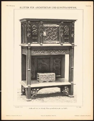 Stollenschrank im Kunstgewerbemuseum, Berlin: Ansicht (aus: Blätter für Architektur und Kunsthandwerk, 8. Jg., 1895, Tafel 84)