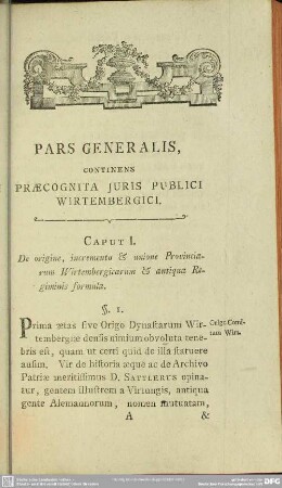 Pars Generalis, Continens Praecognita Juris Publici Wirtembergici