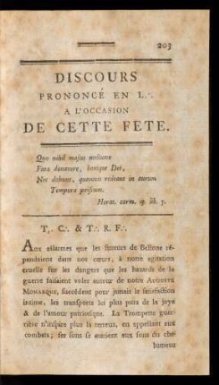 Discours Prononcé En L A L'Occasion De Cette Fete.