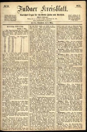Erste Ausgabe vom Samstag, den 08. März 1873.