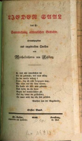 Lieder-Saal : das ist: Sammelung altteutscher Gedichte aus ungedruckten Quellen. 1