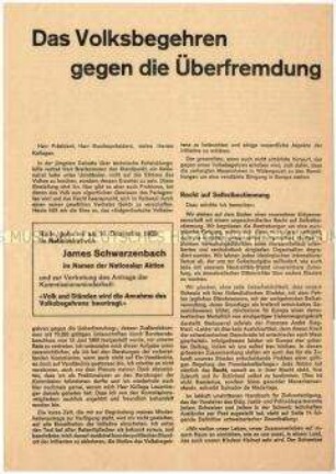 Propagandaschrift einer nationalistischen Bürgerbewegung aus der Schweiz für ein Referendum gegen die "Überfremdung"