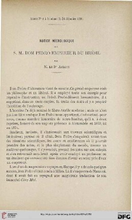 3.Ser. 2.1891: Notice nécrologique sur S. M. Dom Pedro empereur du Brésil