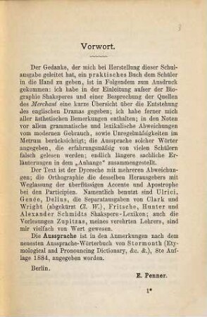 Shakspere's Merchant of Venice : A comedy. Mit Anmerkungen zum Schulgebrauch herausgegeben von Emil Penner, 1