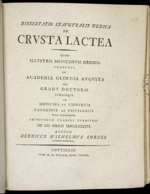 Dissertatio Inauguralis Medica De Crusta Lactea