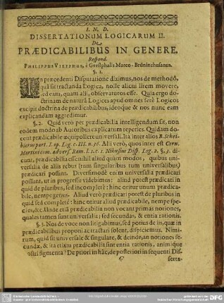 Dissertationum Logicarum II. Praedicabilibus In Genere