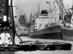 Hamburg. Im Freihafen wird Getreide mittels pneumatischer Elevatoren von einem Frachtschiff gelöscht und in Leichter verladen. Im Hintergrund liegen weitere Frachtschiffe an den Kai´s.
