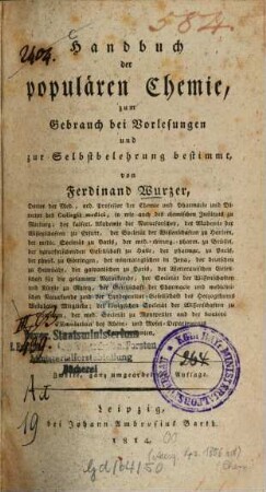 Handbuch der populären Chemie : zum Gebrauch bei Vorlesungen u. zur Selbstbelehrung bestimmt