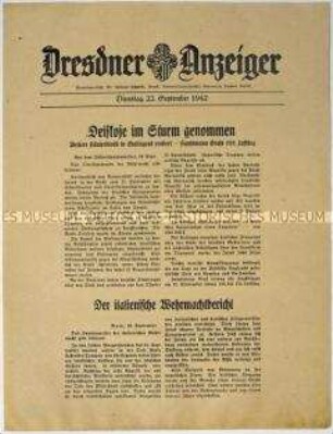 Nachrichtenblatt "Dresdner Anzeiger" mit Meldungen des Oberkommandos der Wehrmacht und des italienischen Oberkommandos u.a. zum Kriegsgeschehen an der Ostfront