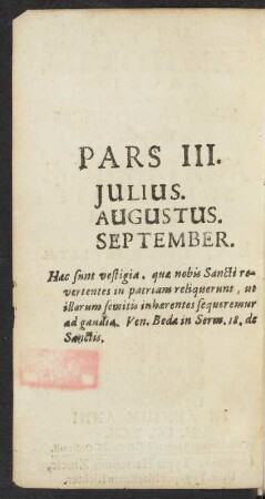 Pars III. Julius. Augustus. September.
