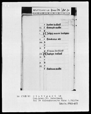 Niederdeutsches Stundenbuch (Lüning-Bergheim-Gebetbuch) — Kalenderseite, März 2. Hälfte, Folio 3verso