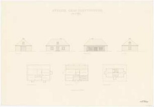 Atelier Bernhard Graf von Plettenberg, Berlin-Dahlem: Nebengebäude: Ansichten, Grundriss KG, EG, DG 1:100